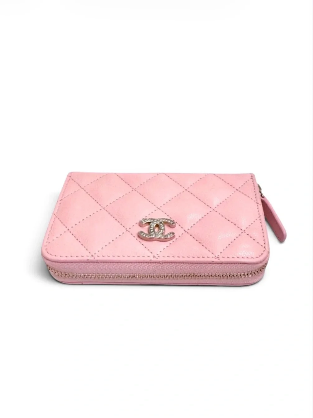 🆕💗CHANEL Grained Calfskin (CAVIAR) Zipped Coin Purse Strass CC Logo GHW • PINK